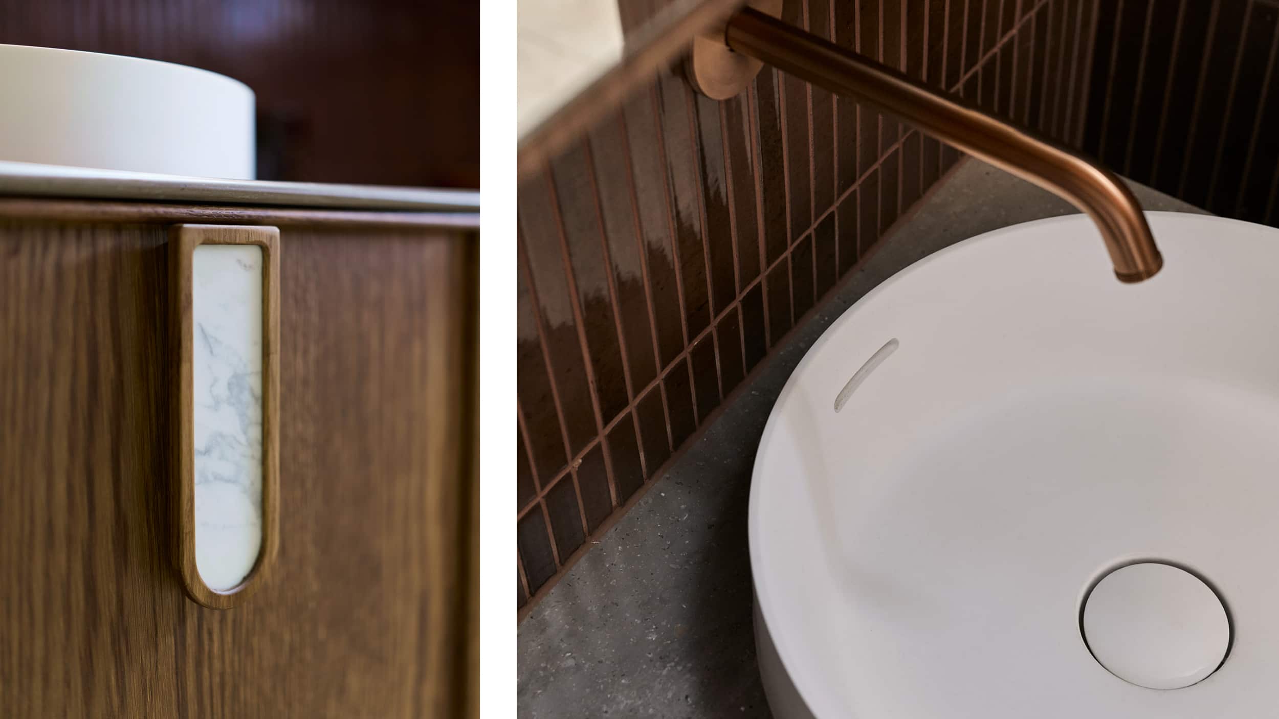 Close up shots of a moody, berry-hued bathroom focusing on the timber vanity, above counter basins and brushed bronze tapware