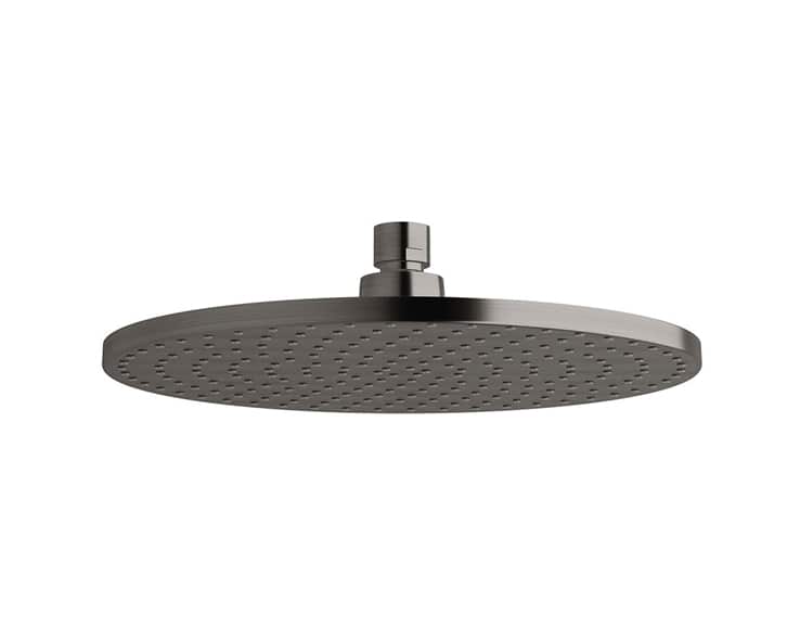 A shower head in brushed gunmetal