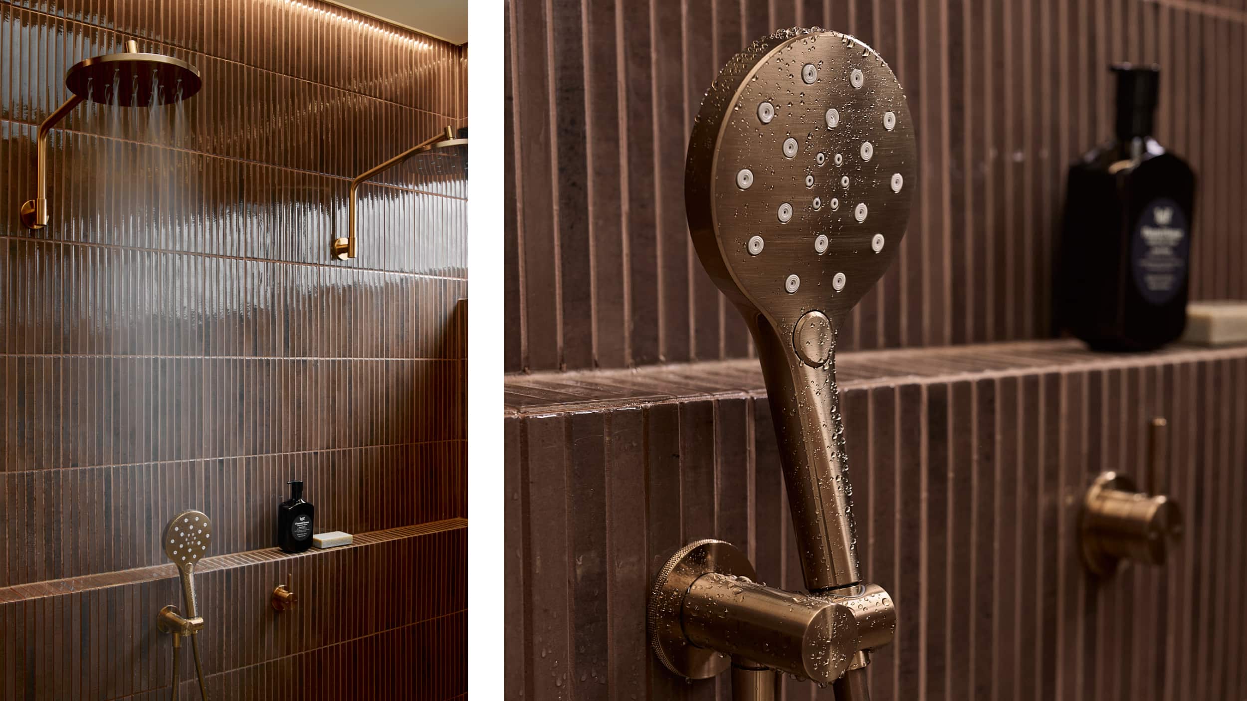 Close up shots of a moody, berry-hued shower area, focusing on the brushed bronze tapware and shower head
