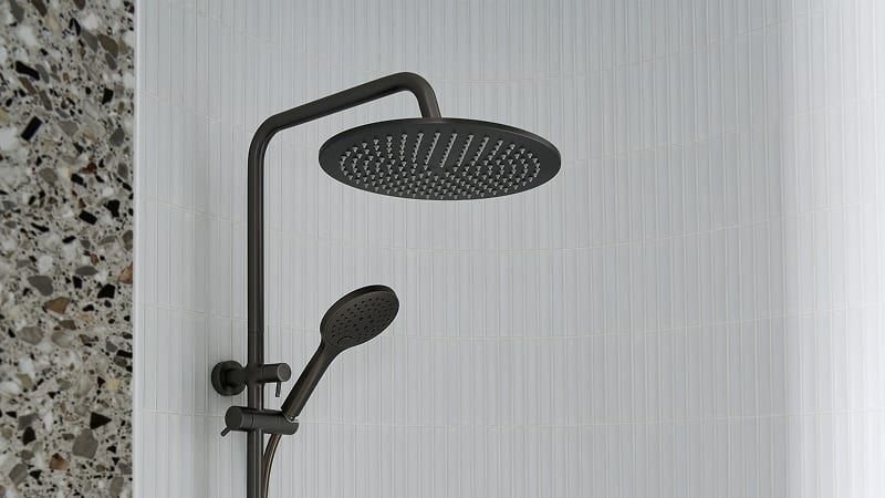 Modern, matte black shower head with a smaller, matching handheld shower.