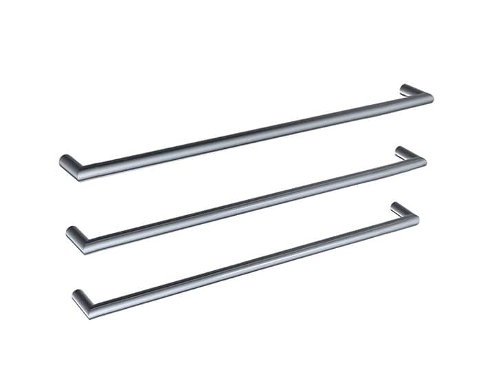Three brushed stainless steel horizontal towel rails